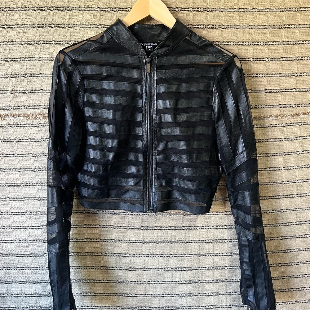 Bebe Black Sheer Striped 100% Leather Jacket